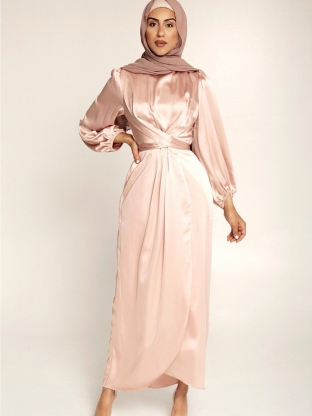 BNWT S Tall Satin Wrap long sleeve Maxi Dress in Blush